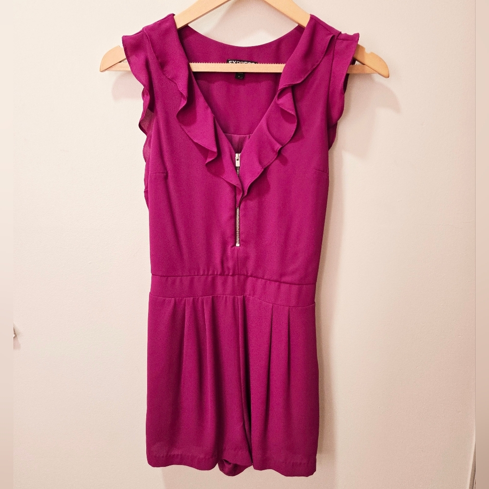 Express Magenta Ruffle V-Neck Romper with Front Zip